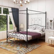 Ziruwu Black Frame Queen Canopy Bed With Vintage Style Headboard And Footboard Easy Diy Assembly All Parts Included Frame
