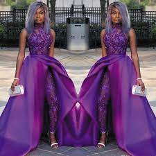 Shop floryday for affordable dresses. Detachable Skirt Prom Dresses 2020 Purple Jumpsuit For Women Lace Applique Beaded Sparkly Pant Suit For Weddings African Prom Dresses Beaded Evening Gowns Purple Evening Dress