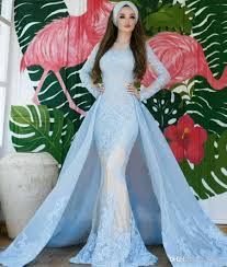 2020 Light Blue Evening Dresses With Detachable Train Appliqued Lace Long Sleeve Prom Dress Custom Made Plus Size Cocktail Party Gowns Evening Dress