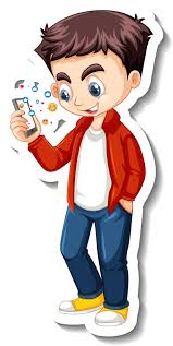 a boy using smart phone cartoon