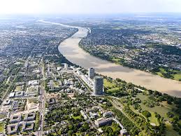 الموسوعة مدينة بون الألمانية bonn- Germany, North Rhine-Westphalia, Bonn, View of city with Posttower at River Rhine, aerial photo
