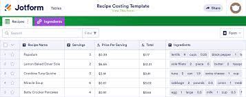 recipe costing template jotform tables