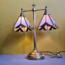vintage brass desk lamp with stained