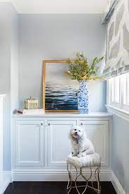 light blue gray walls with built in