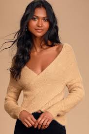 Marah Tan Eyelash Knit Cross Front Sweater