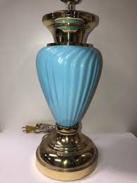 Blue Glass Table Lamp W Brass Base H 28