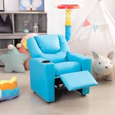 homestock recline relax rule kids comfort chions push back kids recliner chair with footrest cup holders blue pvc