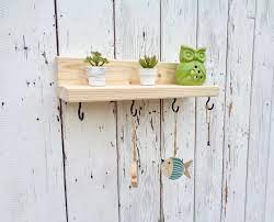 Wooden Wall Shelf With Hooks Small Pine