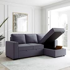 J E Home 91 In W Gray Polyester Full Size Reversible Pull Out Sleeper 3 Seats Sectional Storage Sofa Bed