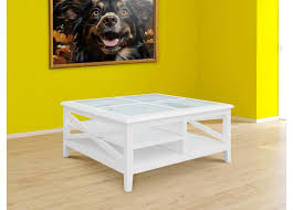 Wooden Square White Glass Coffee Table
