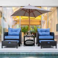 Pamapic 5 Pieces Wicker Patio Furniture Set Outdoor Patio Chairs With Ottomans Blue Cushions