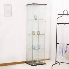 64 17 In H Clear And Black Glass And Wood Floor Standing Curio Cabinet With 4 Shelves