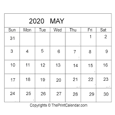 May 2020 Printable Calendar Template Pdf Word Excel