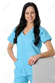 Nurse In Light Blue Scrubs On White