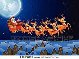 Christmas greeting message with flying santa. Santa Claus Riding His Reindeer Sleigh Flying In The Sky Clip Art K42636499 Fotosearch
