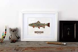Michigan State Fish Map Art Nature Outdoor Art Vintage Map Art Art Print Fish Wall Decor Fish Art Gift For Men Brook Trout