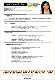 (criminology) program who has attained the highest grade point average in the third year of study while carrying 30 units of course weight in that year. 6 Sample Resume For Ojt Architecture Student Free Templates