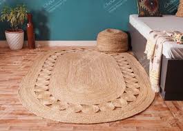 indian hand braided oval scalloped jute rug