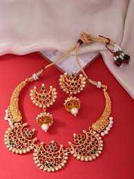 ruby emerald gold plated temple south indian jewellery set