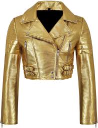 Online shopping for cropped jacket in india ? Golden Metallica Leather Cropped Biker Jacket Jackets Maker