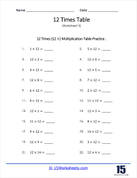 12 times tables worksheets 15