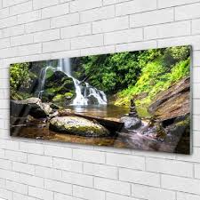 Glass Wall Art Waterfall Stones Forest