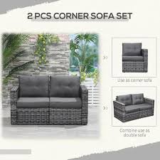 Outsunny 2 Piece Patio Wicker Corner Sofa Set Outdoor Pe Rattan Furniture With Curved Armrests And Padded Cushions For Balcony Lawn Grey