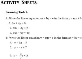 Linear Equations Activity Sheets