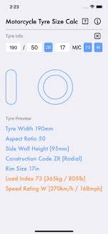 motorcycle tyre size calc on the app