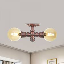 2 Bulbs Pipe Ceiling Mount Warehouse Sphere Amber Glass Semi Flush Light Fixture In Copper A Flush Mount Lights