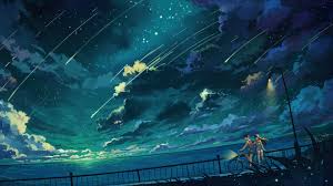anime couple biking night sky scenery