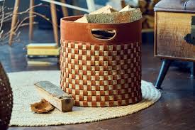 Firewood Woven Leather Basket Fireplace