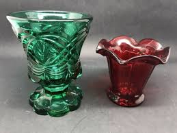 2 vintage coloured pressed glass vases
