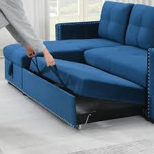 Morden Fort Reversible 90 5 In Blue Velvet Sleeper Sectional Sofa L Shape 3 Seater Sectional Couch With Storage