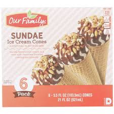 A dessert which is lower in saturated fat than the chocolate nut sundae. Our Family Sundae Vanilla Flavored Ice Cream In A Cone With Chocolate Flavored Coating And Peanuts 21 Fl Oz Instacart