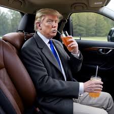 Trump sit in the car and drinks wh ...