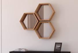 Hexagon Mirror Shelves Oak Honeycomb