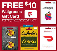 You can enjoy your gift card merits anytime. Expired Walgreens Buy 2x Select Gift Cards Get 10 Walgreens Gift Card Free Apple Doordash Cabela S Or Bass Pro Shops Gc Galore