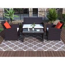 At walmart.com, you can find a wide variety of patio furniture, so you can save money. 4 Piece Patio Furniture Sets Clearance In Patio Garden Outdoor Wicker Sofa Rattan Chair Garden Conversation Set For Backyard With Two Single Sofa One Loveseat Tempered Glass Table Q8582 Walmart Com