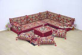 L Shaped Burgundy Oriental Floor Sofa