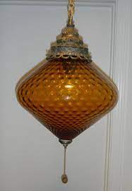 1960s 70s Amber Glass Swag Hanging Lamp