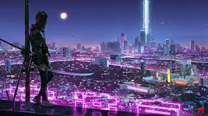 sci fi city neon lights ninja katana 4k