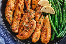 With the dressing it's a little high in cal. Lemon Garlic Butter Chicken Tenders And Green Beans Skillet Recipe Chicken Tenders Recipe Eatwell101