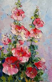 pink flowers mallows plants painting