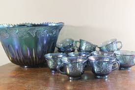 Blue Carnival Glass Punch Bowl With 12