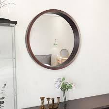 Round Wood Frame Brown Mirror