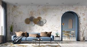 Blue Sofa Concrete Stucco Wall