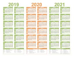 Days aligned horizontally (days of the week in the same row) for easy week overview; 2019 To 2021 Calendar Printable Free Pdf Word Image