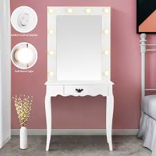 Details About 10 Led Lighted Vanity Makeup Dressing Table W Drawer Mirror Bulb Bedroom White