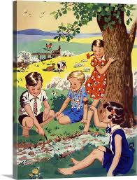 Children Playing By Stream Large Solid Faced Canvas Wall Art Print Great Big Canvas